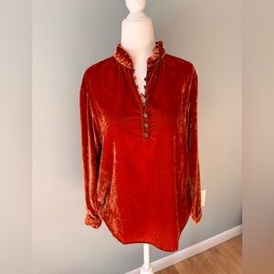 Anthropologie orange velvet long sleeve pullover top with 8 button neckline